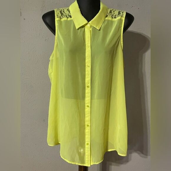 XL No Boundaries sheer yellow lace back sleeveless button down shirt top blouse - Picture 1 of 16